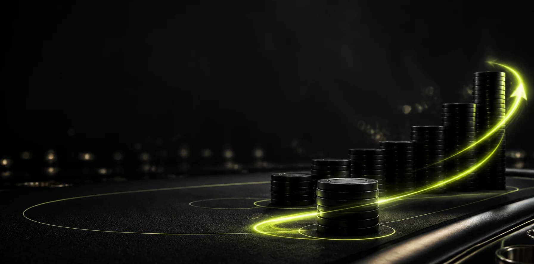 Black chip stacks rising through an acid-lime light trail